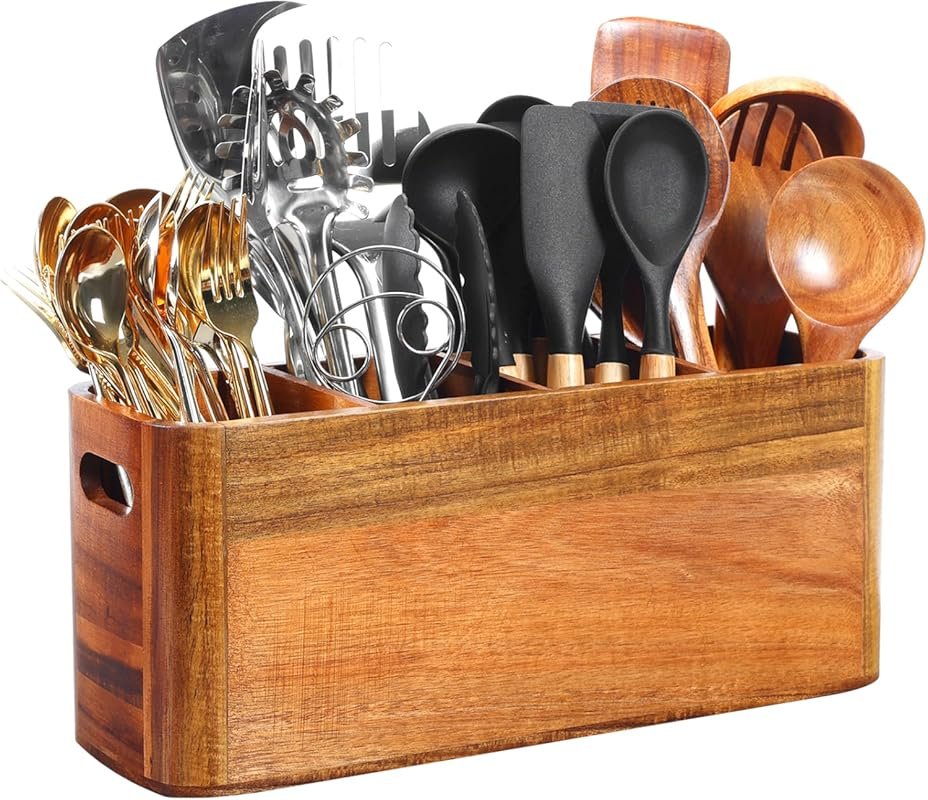 Extra Large Acacia Wood Kitchen Utensil Holder for Countertop: 4-Compa