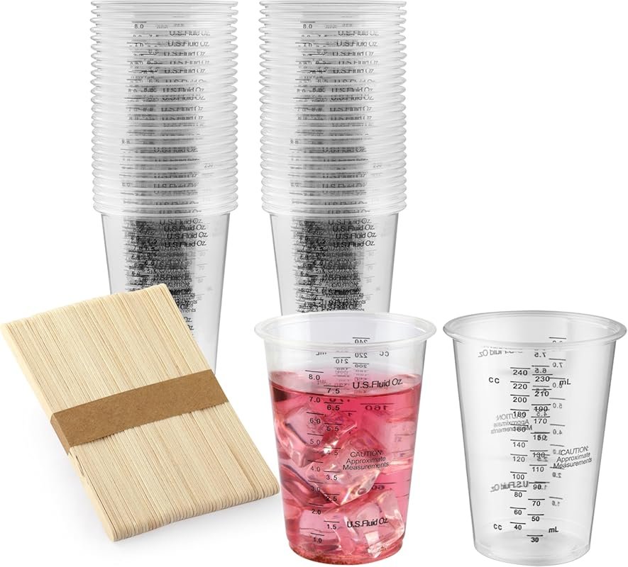DQELFA 50-Pack 8oz Plastic Resin Epoxy Mixing Cups with 50 Wooden Stir