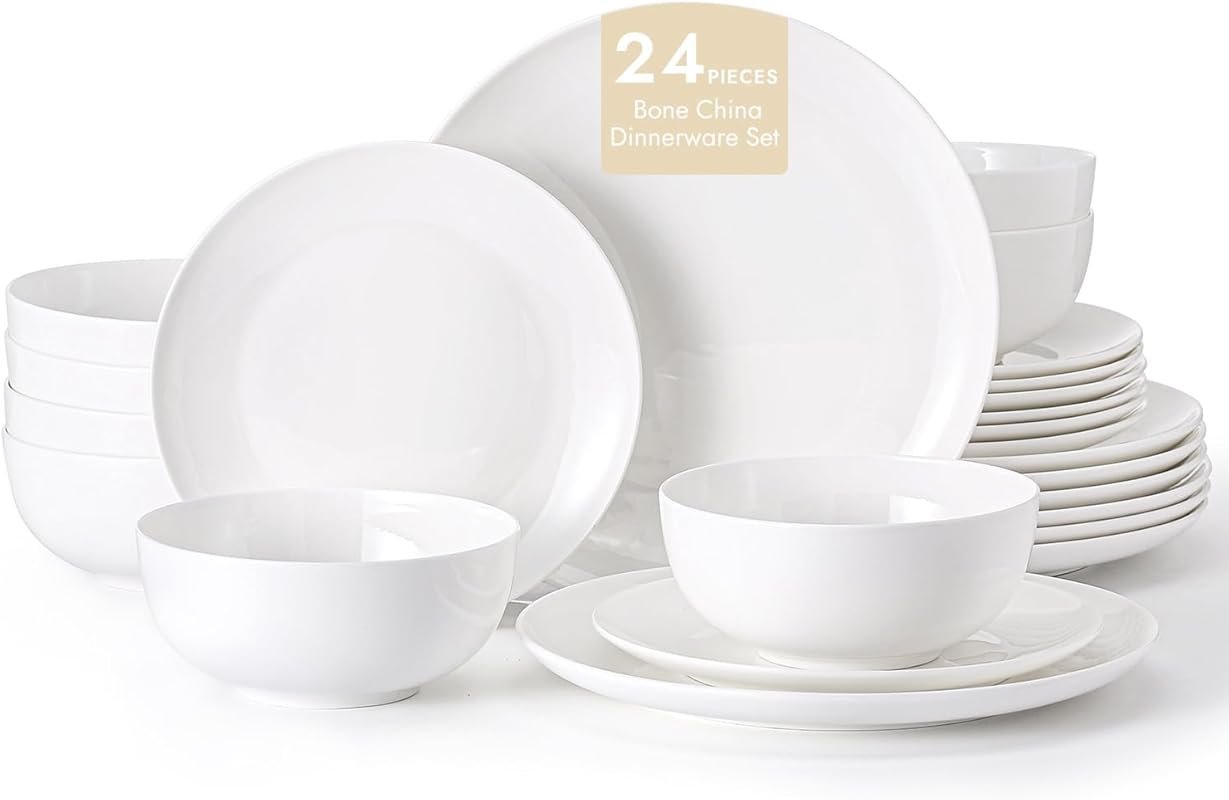 KINGSTONE 24-Piece Bone China Dinnerware Set for 8 - Lightweight Porce