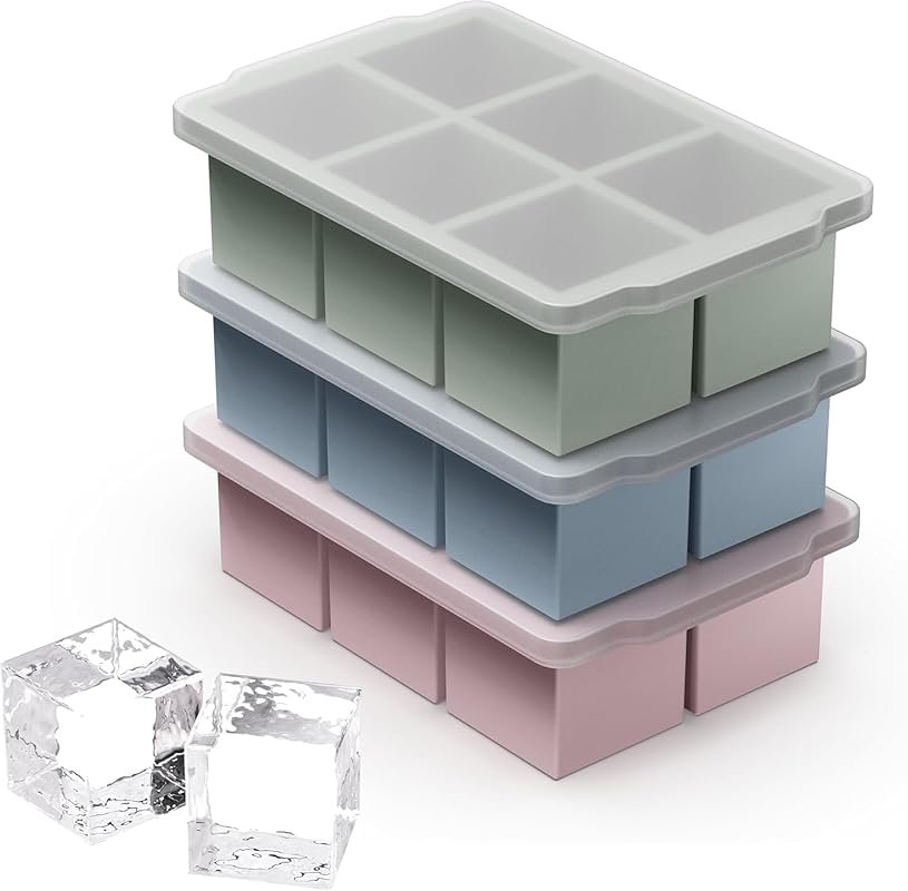 VLM 3-Pack Ice Cube Molds with Stackable Lid - Square Tray for Whiskey