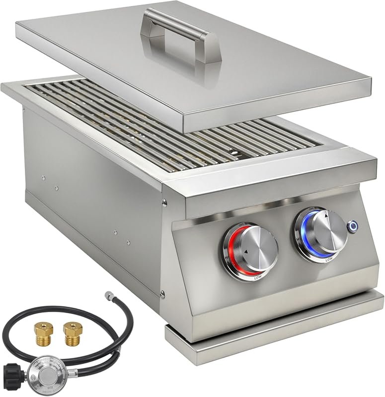 Double Side Burners, Outdoor Grill, Heavy-Duty 304 Steel, Built-in wit