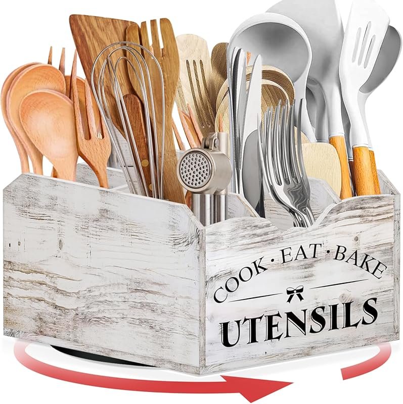 Upgraded Extra Large Kitchen Utensil Holder: 360° Rotating Base, 6 Com