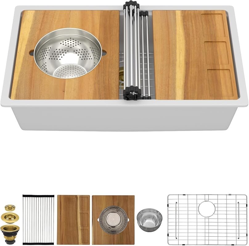 30 Inch White Granite Composite Undermount Kitchen Sink Workstation wi