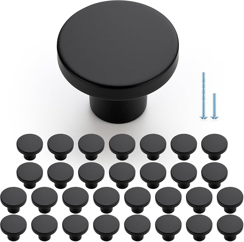 JOY DECOR 30 Pack Matte Black Cabinet Knobs - 1.2 Inch Round Drawer Pu