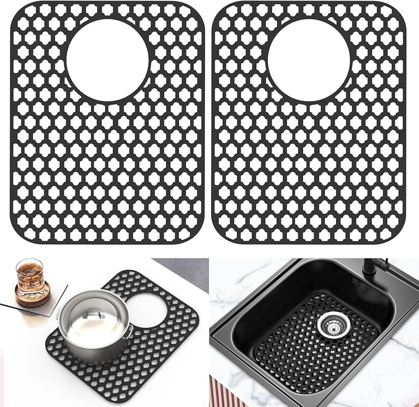 2 Pack Silicone Sink Protector Mat 13.58x11.6 Inch Heat-Resistant Non-Slip for Kitchen Sink Rear Drain Black