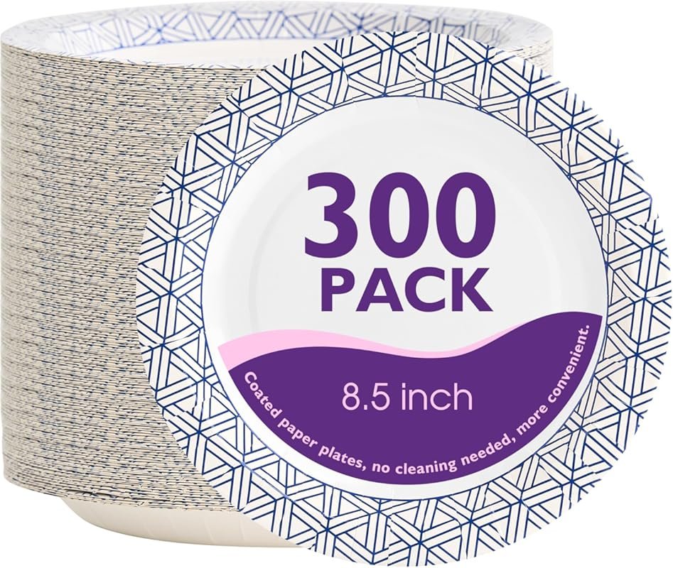 Disposable Paper Plates 8.5 Inch 300 Count, Soak Proof Cut Resistant H
