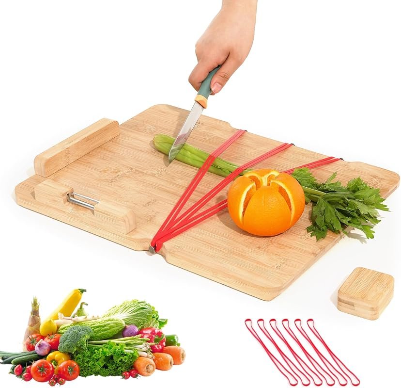 One-Handed Cutting Board with Peeler, Steel Spikes, and Bread Stops