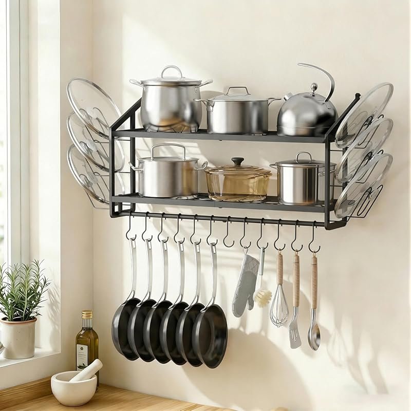 VOPEAK 30 Inch Pot Rack Wall Mounted with 6 Detachable Lid Holders, 12