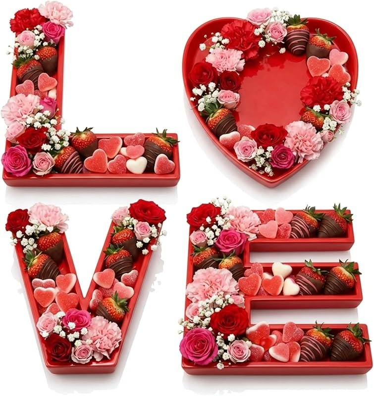 FoldTier 4-Piece Ceramic Fillable Heart Shaped Letter Tray Charcuterie