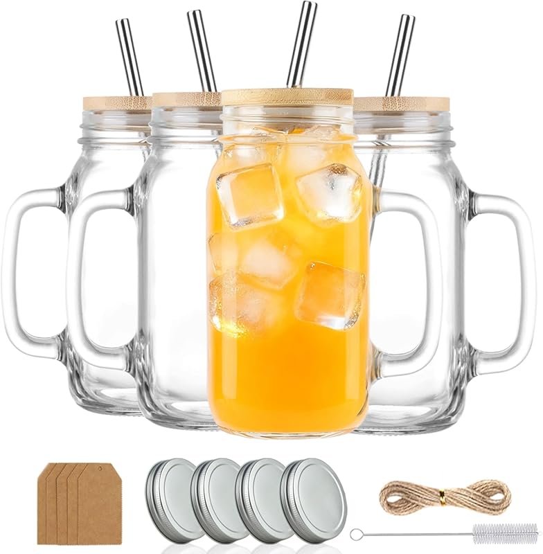 24oz Mason Jar Cups with Handles and Bamboo Lids, Wide Mouth Iced Coff