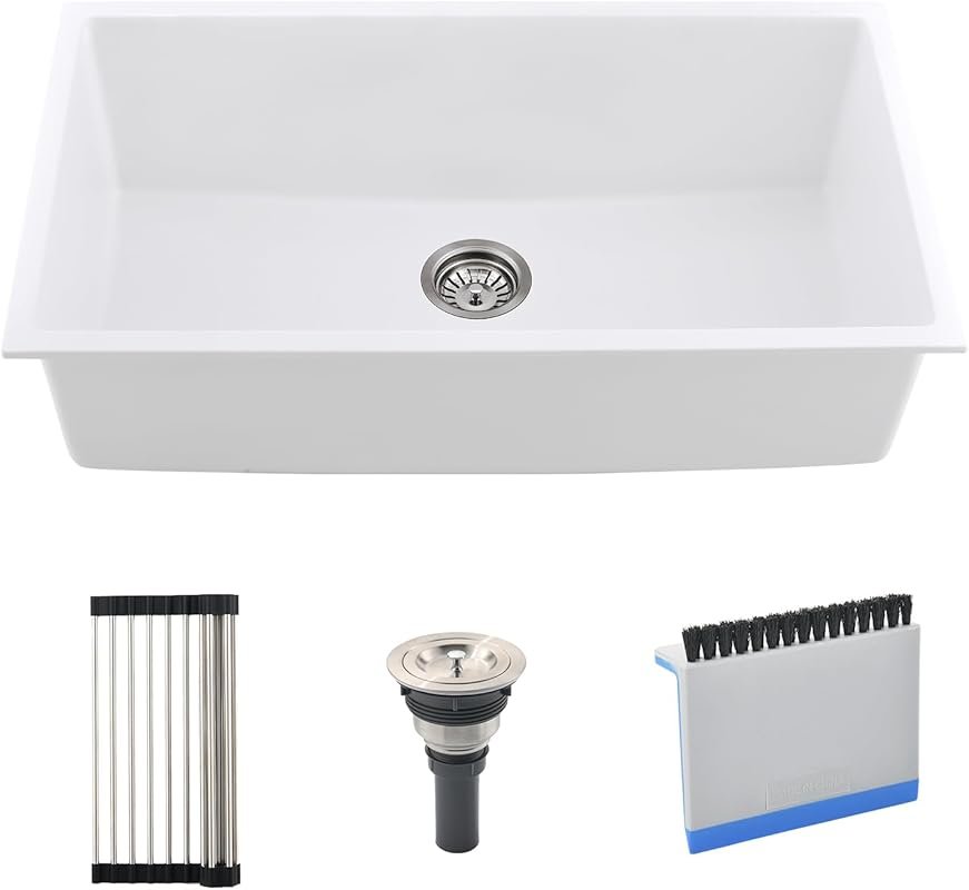 33 Inch White Granite Composite Undermount Kitchen Sink, Single Bowl w