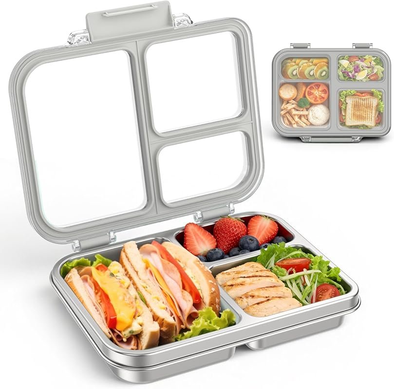 BABHAMNESS Stainless Steel Bento Box for Kids & Adults, 3 Compartments