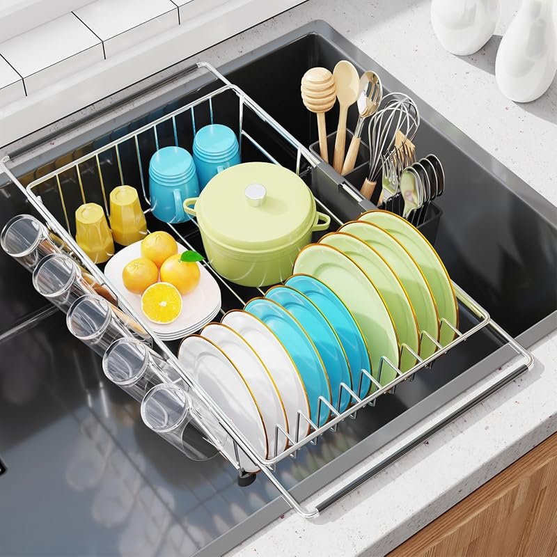 Simple Trending Adjustable Dish Drying Rack in Sink, Over Sink Drainer