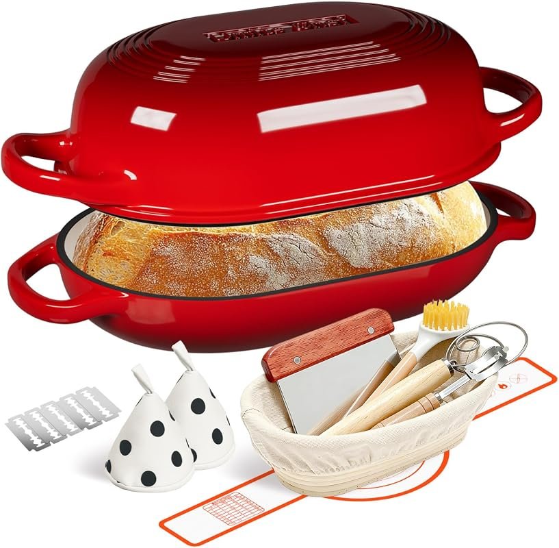 Enameled Cast Iron Sourdough Bread Oven 5QT with Banneton Basket and M