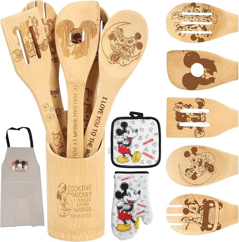 Cartoon Wooden Spoons for Cooking – Bamboo Utensils Set with Cute Apro