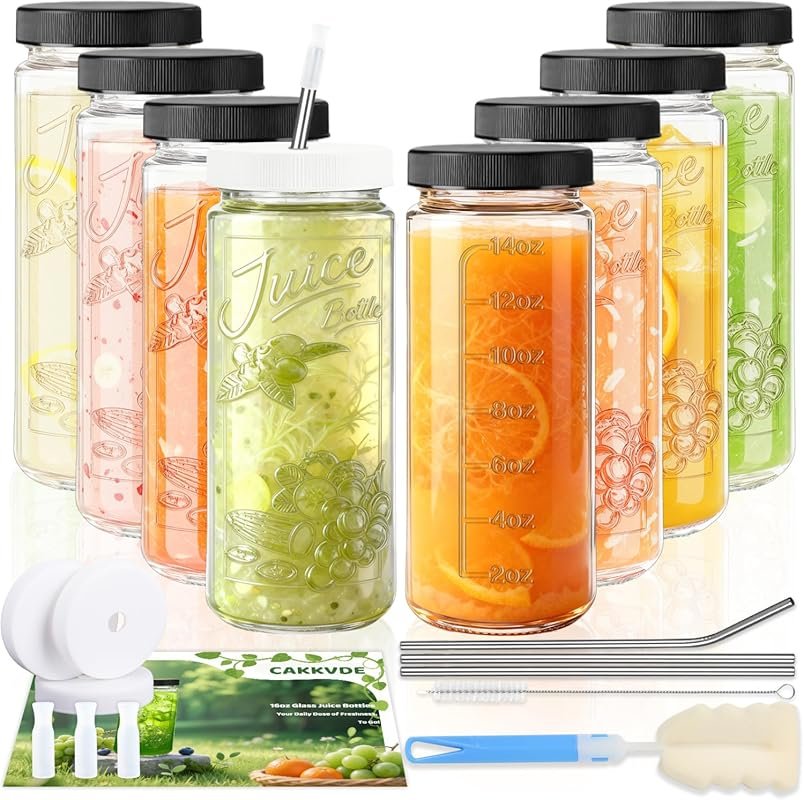 8 Pack 16oz Glass Juice Bottles with Thickened Leakproof Caps - High-C