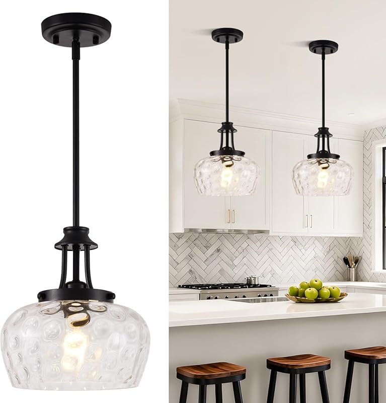 Modern Matte Black Pendant Lights with 10-Inch Clear Hammered Glass Sh