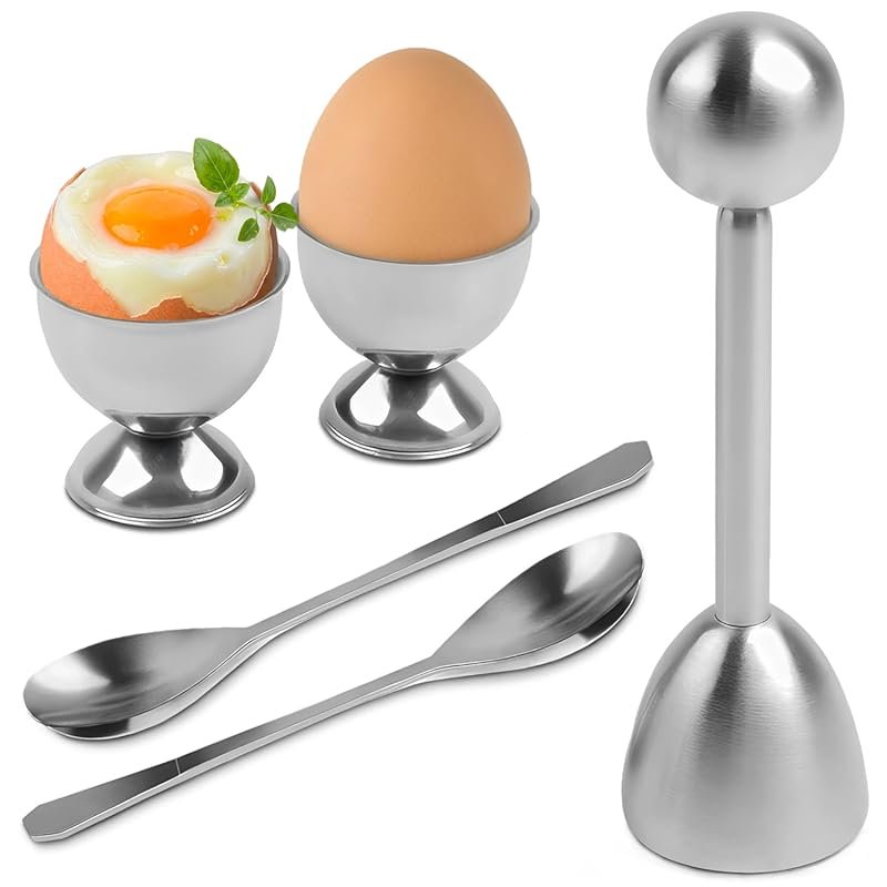 Egg Shell Opener Set: 2 Cups & 2 Spoons, Rust-Resistant Stainless Stee