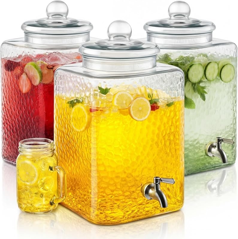3-Pack 5-Gal Glass Water Dispenser with Hammered Design and Stainless Steel Spigot for Catering, Parties