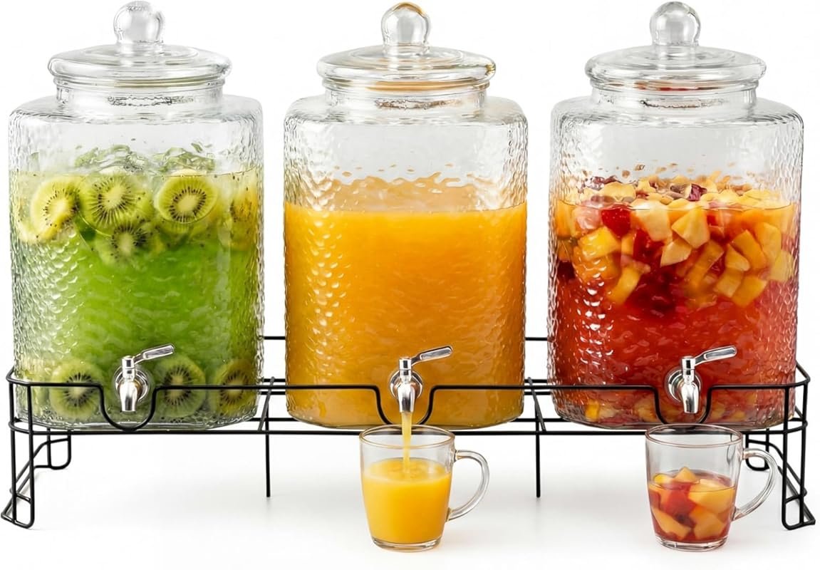 3-Pack 5-Gal Glass Drink Dispensers with Stand and Stainless Steel Spigots for Weddings, Parties, Juice
