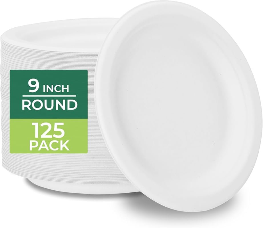 Freshware Disposable 9 Inch Paper Plates 125 Pack Biodegradable Sugarc