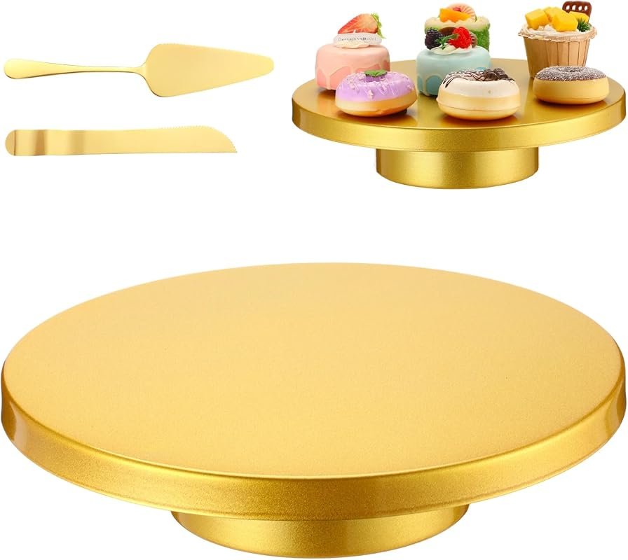 Wenqik 12-Inch Gold Metal Cake Stand with Knife and Spatula - Round De