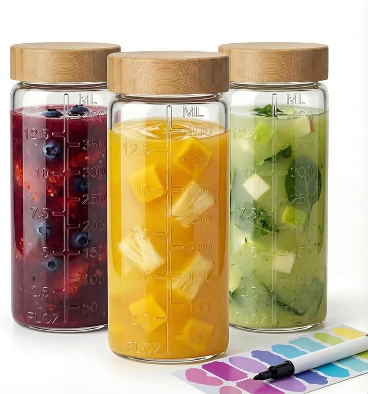 HomArtist 16oz Round Glass Juice Bottles with Bamboo Lids, 3 Pack Reus