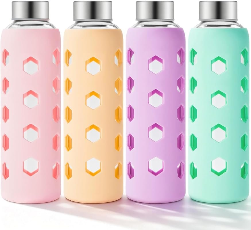 Mrsdry 18 oz Glass Juice Bottles with Silicone Sleeves - 4-Pack Reusab
