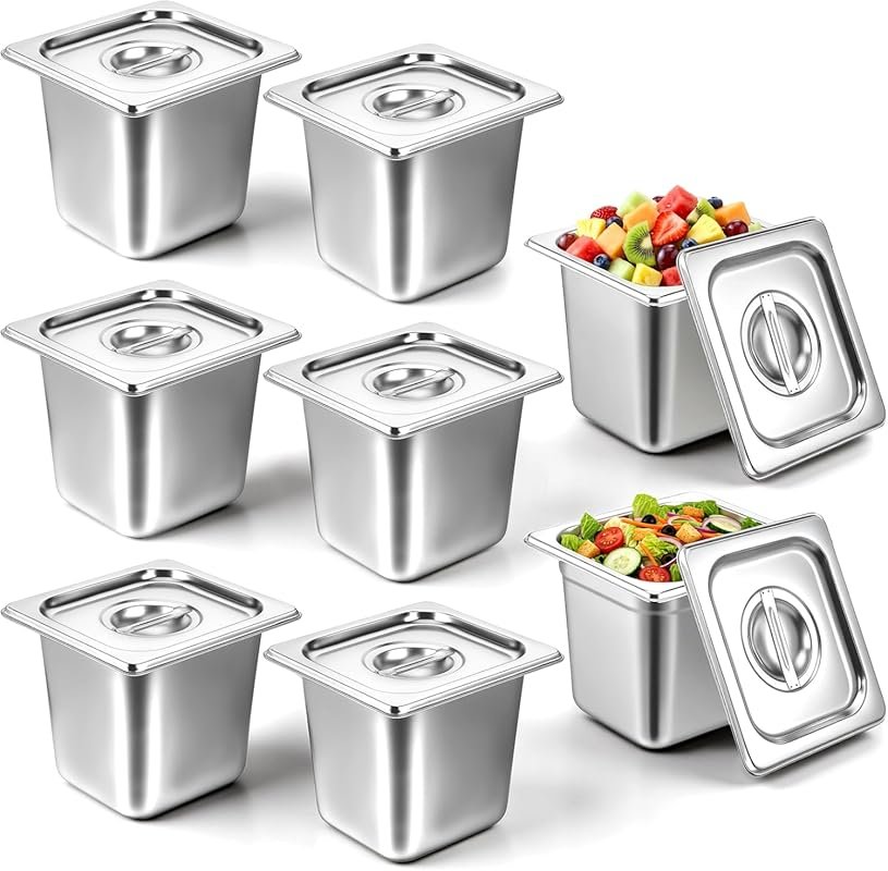 8 Pack 1/6 Size 6-Inch Deep Stainless Steel Hotel Pans with Lids - Res