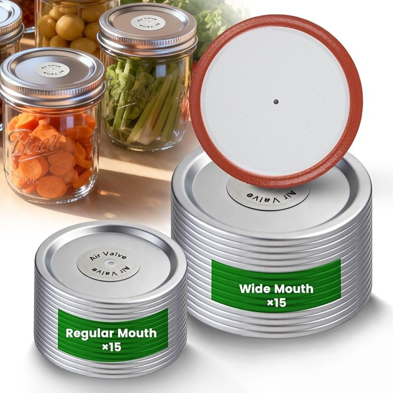 30-Pack Vacuum Sealer Lids with Air Valve - 15 Wide & 15 Regular Mouth
