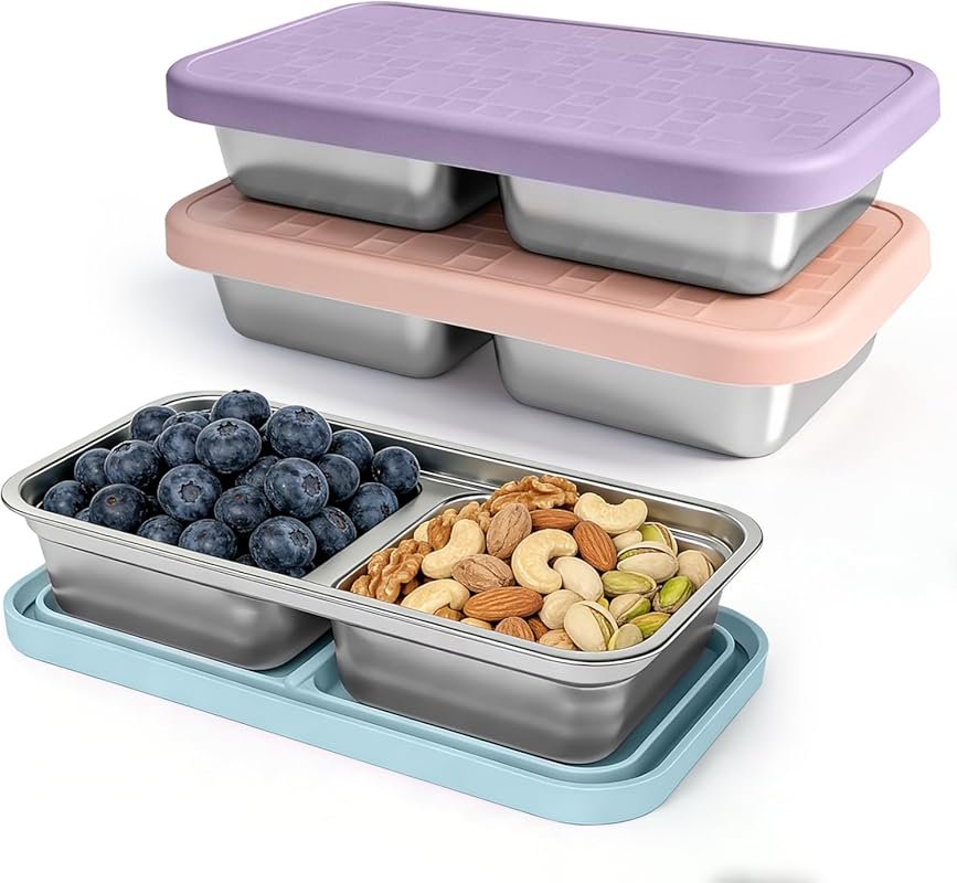 3 Pack Stainless Steel Snack Containers for Kids Reusable with Silicon