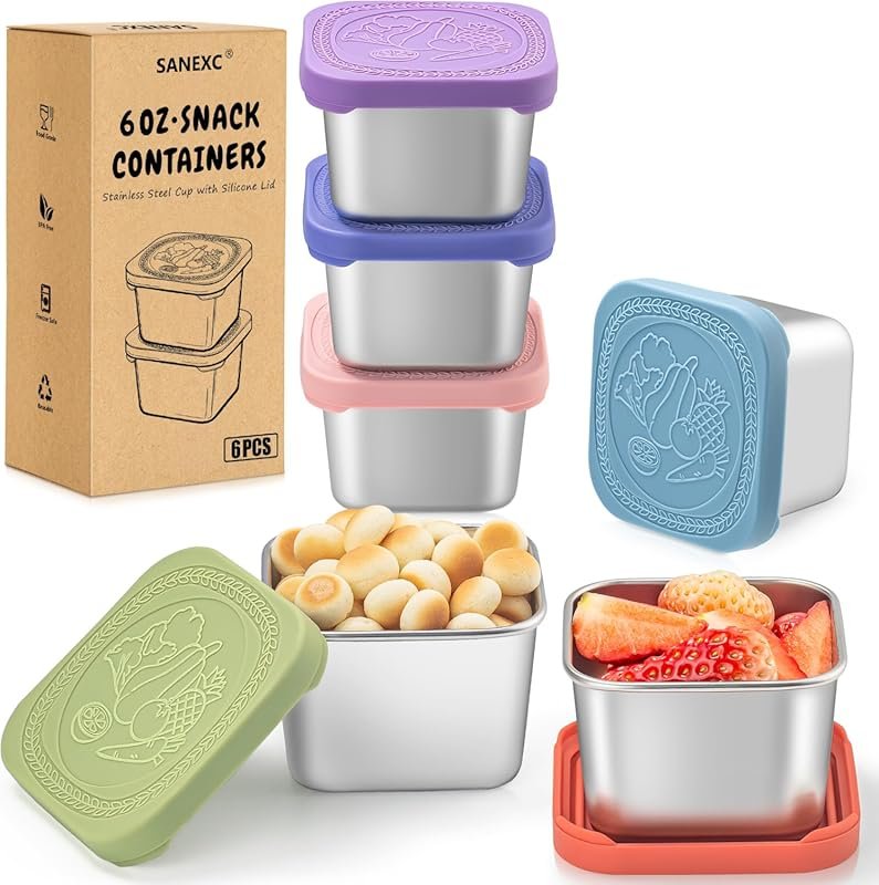 SANEXC 6 Oz Stainless Steel Snack Containers for Kids 6 Pack Metal wit
