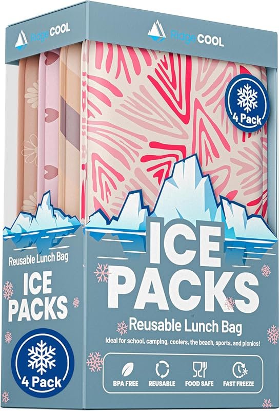 Slim Ice Packs for Lunch Boxes and Coolers, 4 Pack Reusable Gel Freeze