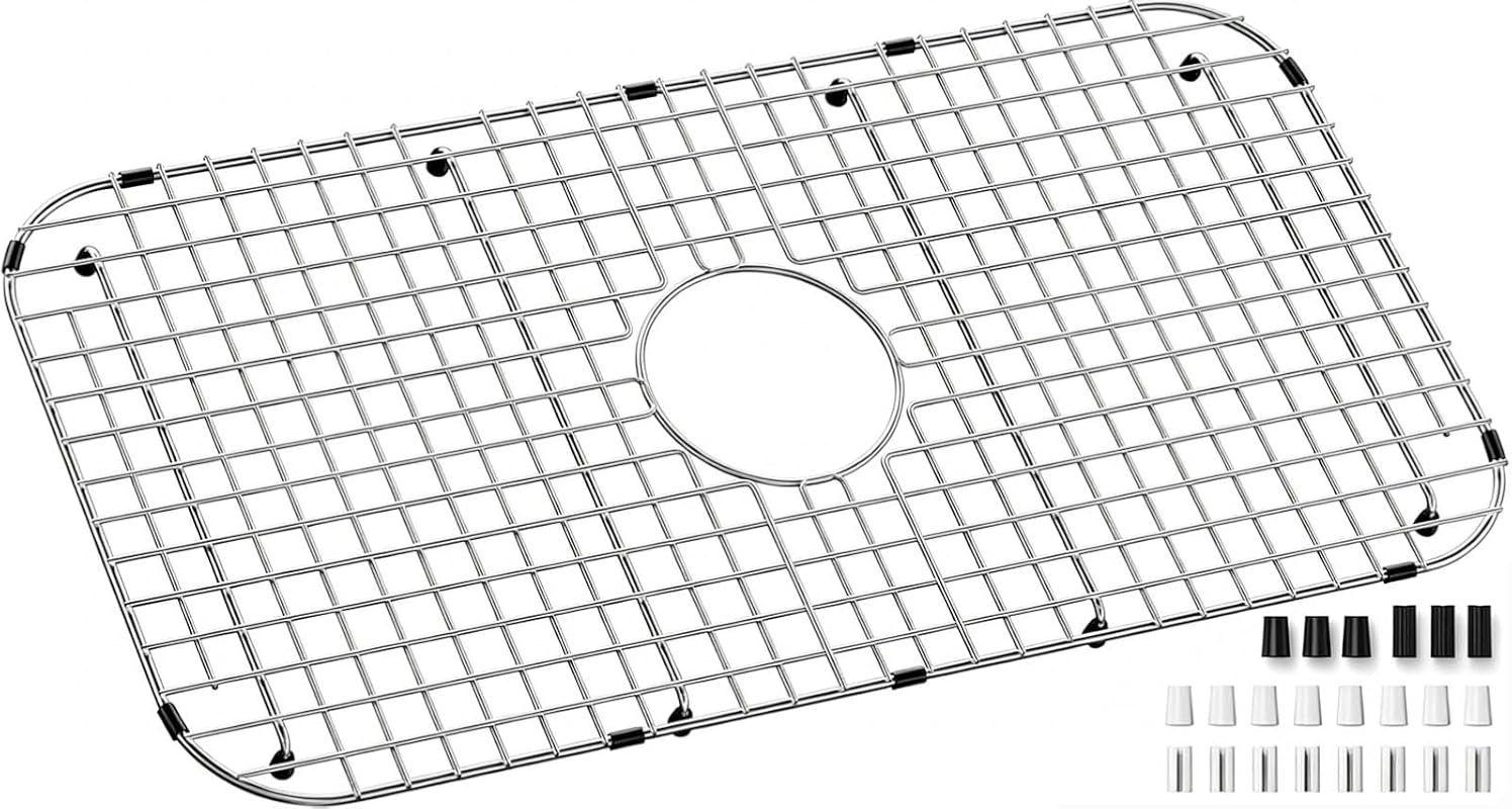304 Stainless Steel 27x14 Sink Grid Protector for Farmhouse Sink with Centered Drain Hole and Rubber Feet