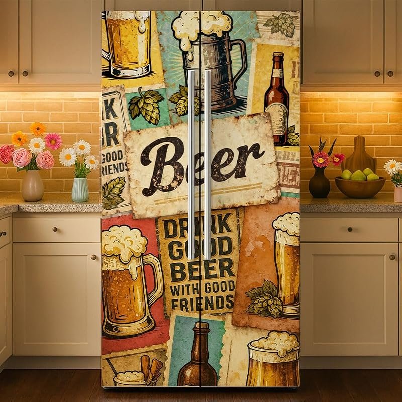 2 Pack Vintage Beer Pattern Refrigerator Wraps – Self-Adhesive Fridge