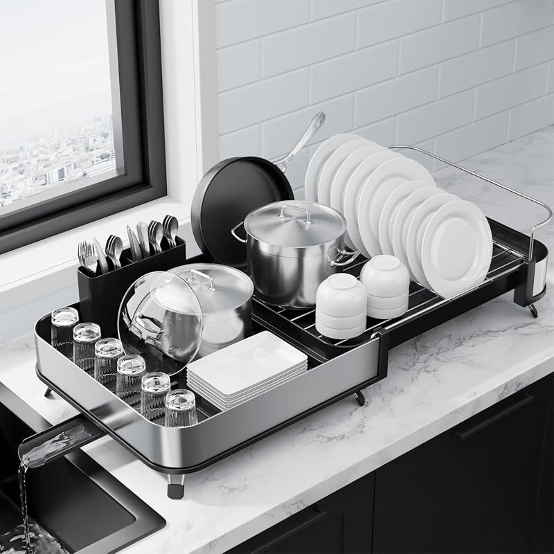 Kitsure Expandable Stainless Steel Dish Drying Rack with Cutlery Holde