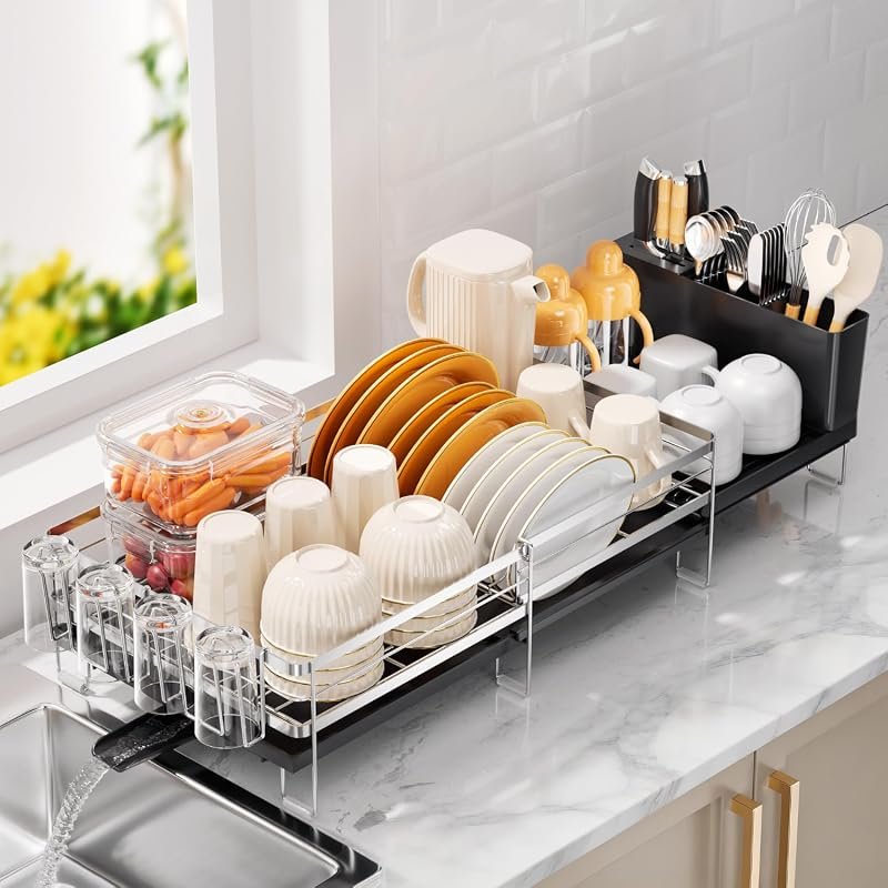 Delamu Stainless Steel Anti-Rust Expandable Dish Drying Rack with Drai