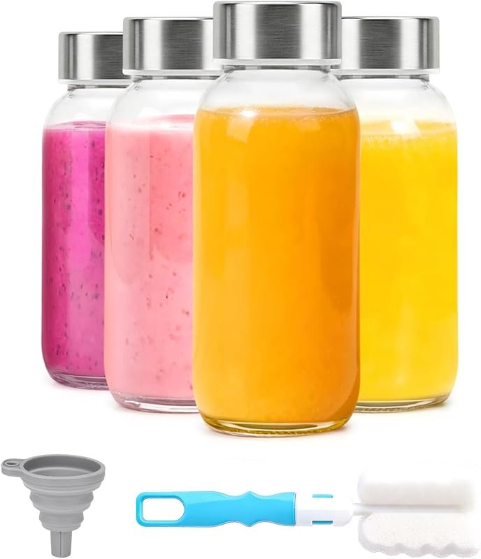 Luxfuel 8oz Glass Water Bottles with Lids – 4 Pack with Stainless Stee