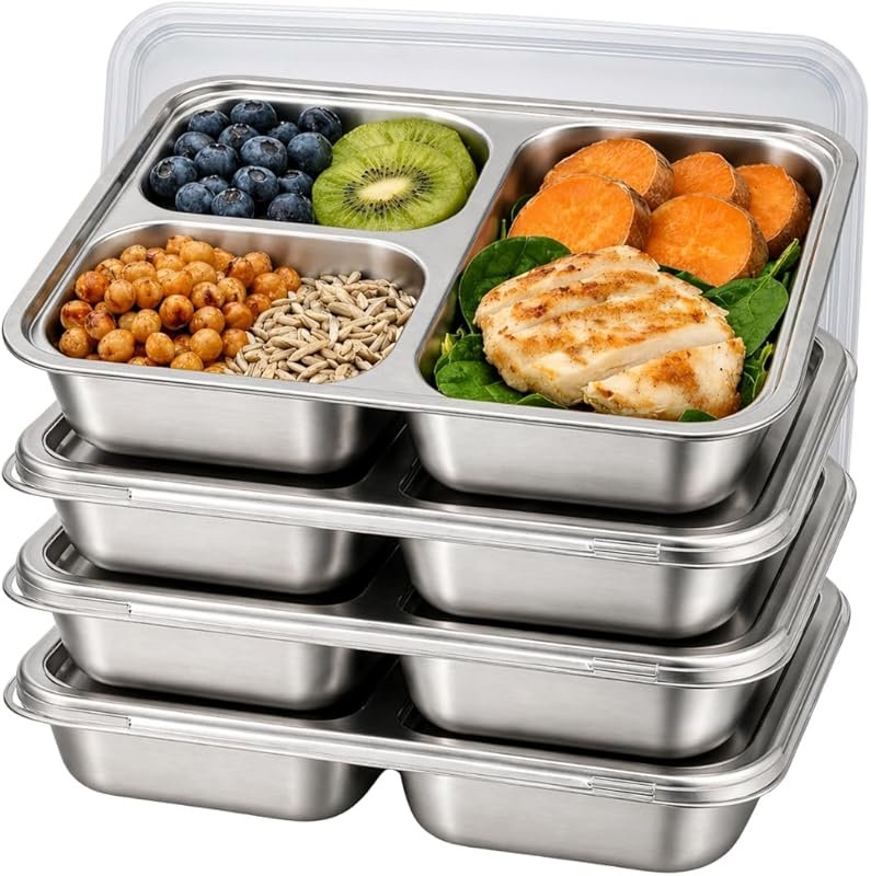 4 Pack Stainless Steel Snack Containers for Kids 3 Compartment Toddler