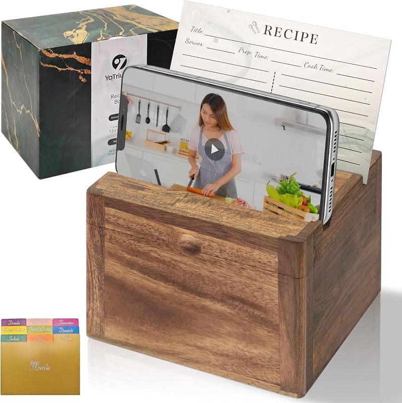 Acacia & Walnut Wood Recipe Box with Phone Stand, Dividers, Cards, Ful