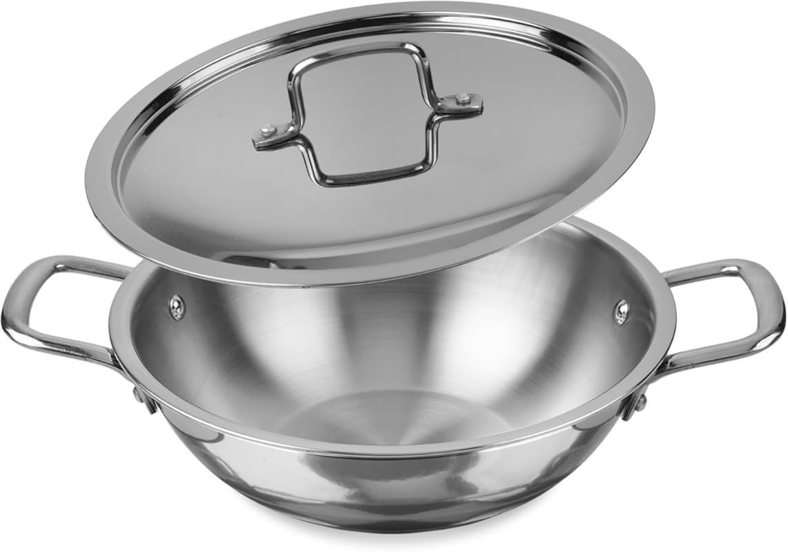 KSJONE 2-Quart Tri-Ply Stainless Steel Kadai with Lid – Less Oil, Heal