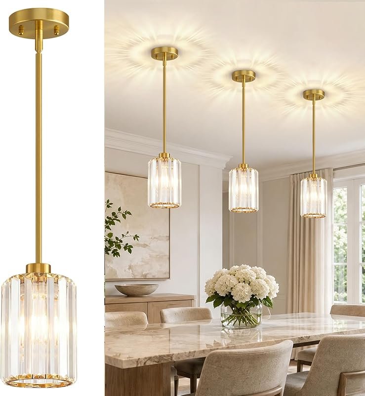 MQMQA 3-Pack Brushed Brass Gold Pendant Lights, Adjustable 18