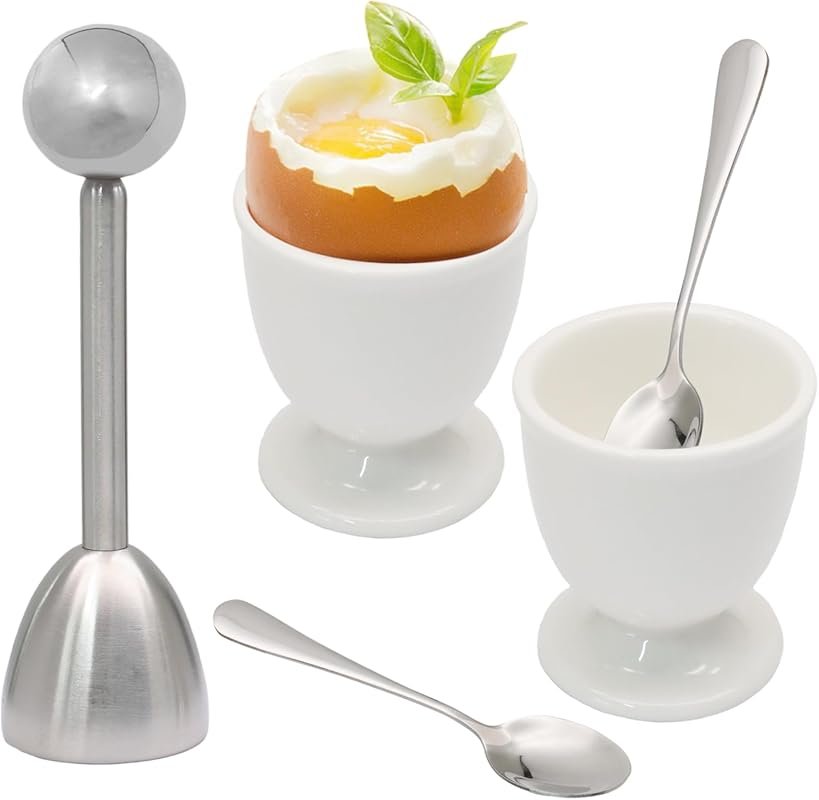5-Piece Ceramic Egg Cup & Topper Set – 2 Cups, 1 Cutter, 2 Spoons for 