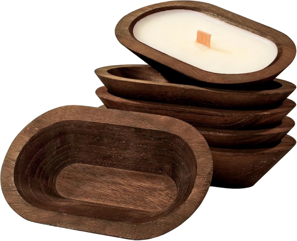 6 Pack Wooden Dough Bowls for Candle Making - 8.5 x 5 x 2 Inch Rustic 