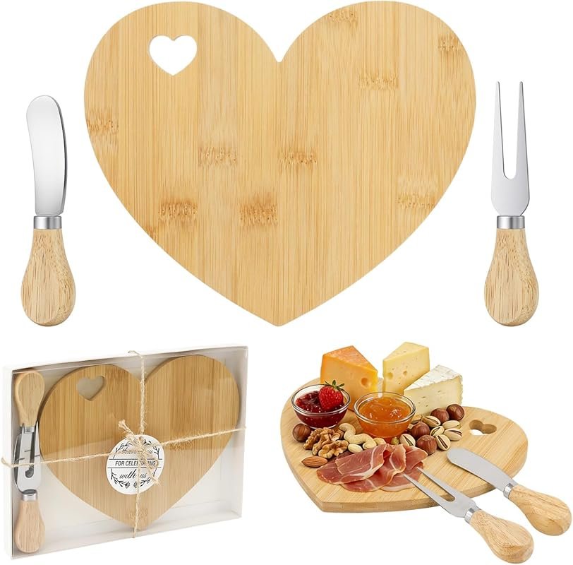 Small Heart Shaped Bamboo Charcuterie Board Set with Knife and Fork - 