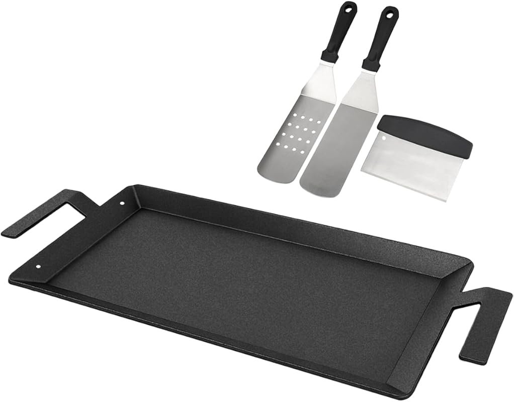Carbon Steel Griddle with Spatula 24x10 Inch Flat Top for Stove Top Induction Double Burner Nonstick Insert