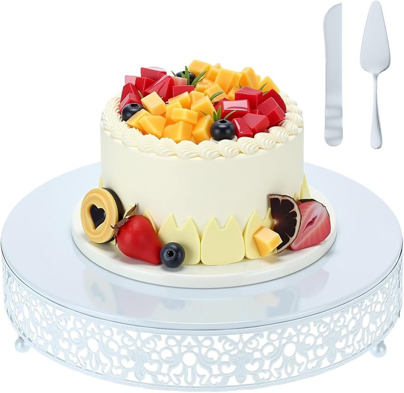 Wenqik 12-Inch White Metal Cake Stand Set with Cake Cutter and Spatula