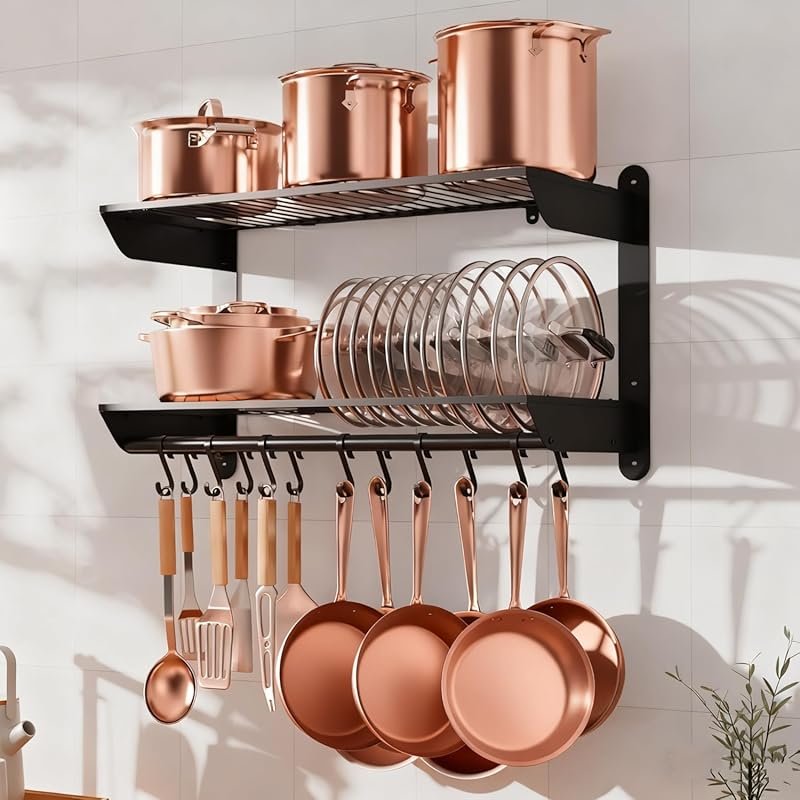 YIGII 30 Inch Wall Mounted Pot and Pan Organizer Rack with 12 Hooks, 2