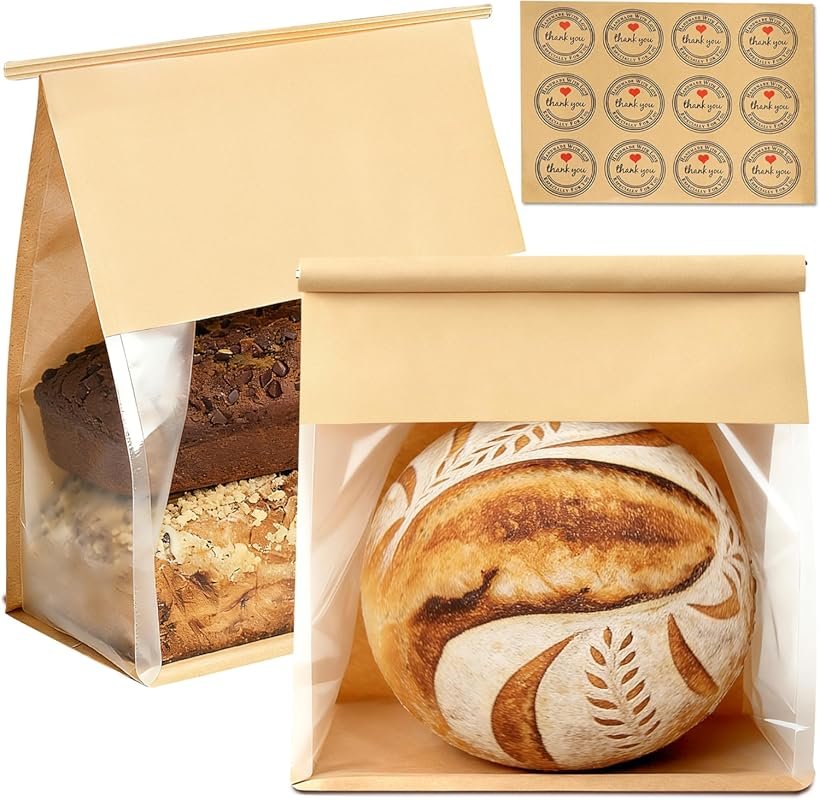 50 Extra Large Paper Bread Bags 12.2x10.6x6.1 Inches Tin Tie Tab Window