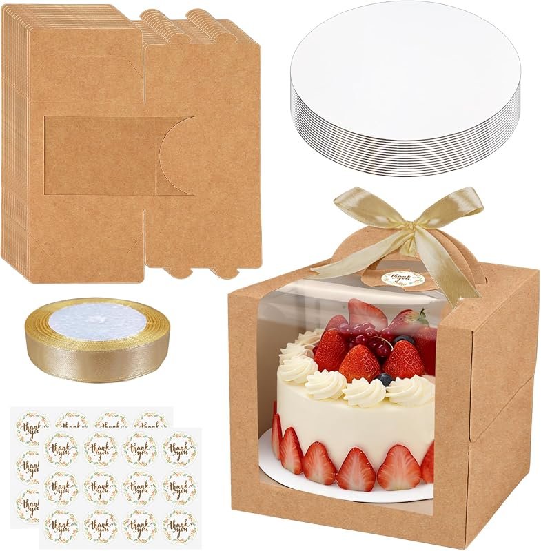 15 Pack Brown 6x6x6 Inch Cake Boxes with Window, Handles, Boards, Ribb
